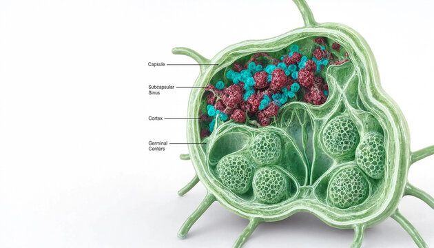 Lymph node anatomy cross section showing capsule cortex germinal centers and subcapsular sinus in medical illustration