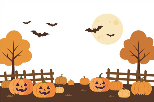 Halloween pumpkin patch landscape with full moon and bats in flat 2D style. Vector illustration for autumn night background concept.