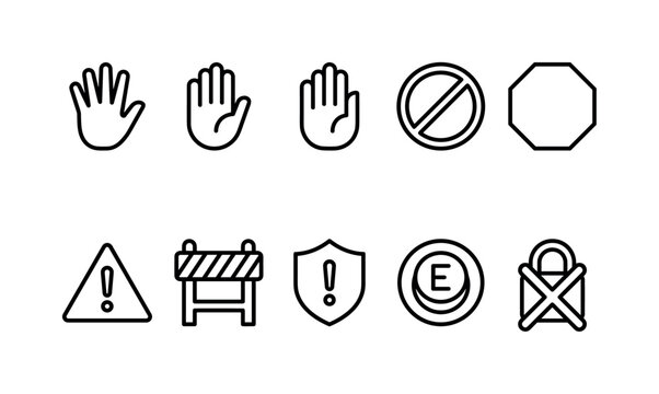 Stop Hand Gestures, line icon set featuring stop hand, open palm, prohibition circle, warning triangle, barrier, stop sign shape, raised hand symbol, caution shield, emergency button and access