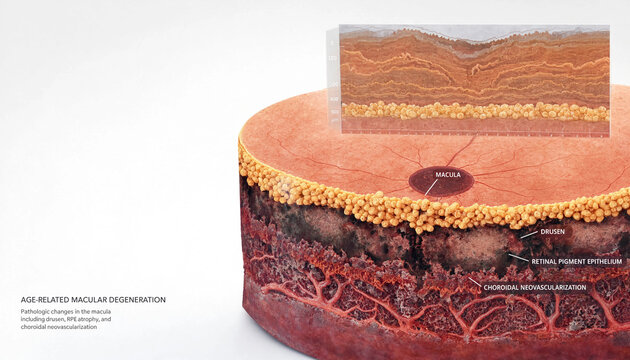 Age related macular degeneration medical illustration showing drusen retinal pigment epithelium and choroidal neovascularization in cross section
