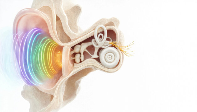 Human ear anatomy with sound waves traveling through auditory canal to cochlea and ossicles