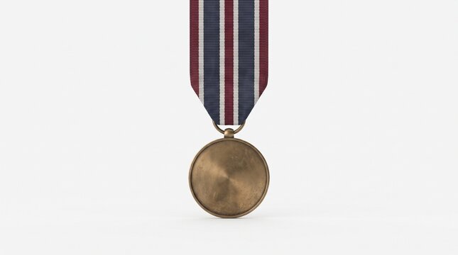 Blank bronze military medal with red, white, and blue striped ribbon isolated on white background