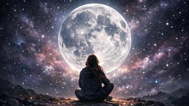 Girl in Hoodie Watching a Giant Moon in a Starry Galaxy