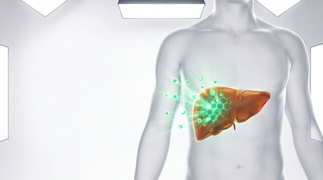 Human liver with glowing green hexagonal cells showing regeneration concept in medical illustration