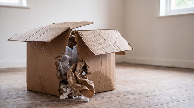 Damaged cardboard box with packing peanuts and bubble wrap on a wooden floor, representing shipping problems
