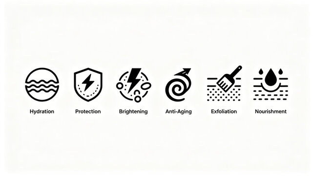 Black and white line skin care selling point vector icon, moisturizing protection, brightening, anti aging, exfoliating and nourishing, applicable to beauty details and product manual design.
