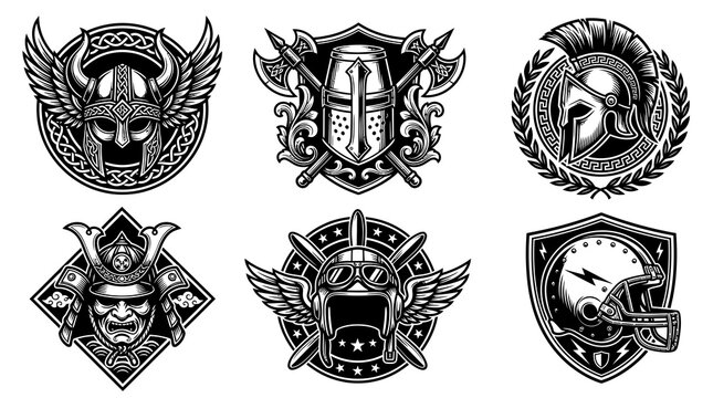 Warrior, Sports,  Aviation Helmets Emblems Set. Vintage Black  White Line Art Illustrations.