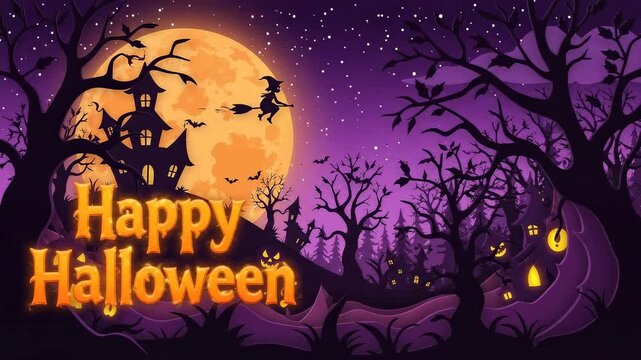 A vibrant illustration of a spooky Halloween night with a haunted house, a witch flying across a full moon, and eerie trees under a purple sky, wishing 'Happy Halloween'.