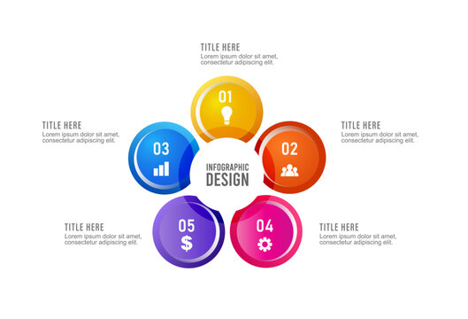 Circular 5 options central hub 3D flower timeline infographic isolated on white background vector