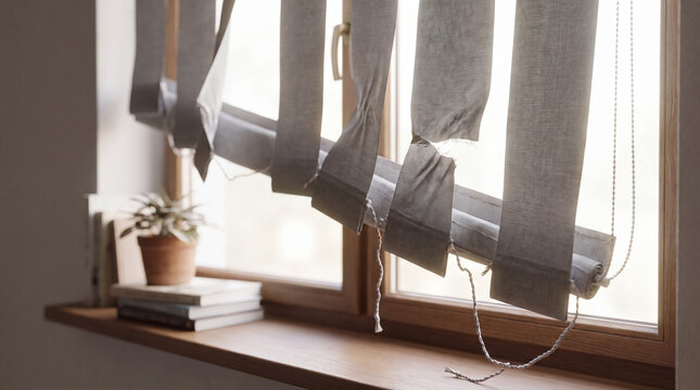 Damaged blinds hanging broken on a window, showing need for repair in a messy home interior with sunlight