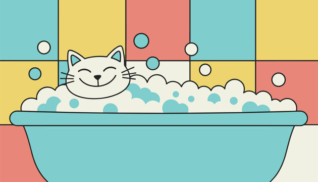 Adorable white cat enjoying a relaxing bubble bath in a teal tub against a vibrant colorful tiled bathroom wall.