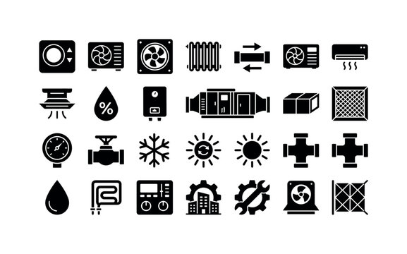 HVAC Building Services, solid glyph icon set featuring thermostat, air conditioner, ventilation fan, radiator, water pipe, heat pump, air vent, humidity droplet, covering HVAC, heating, ventilation,