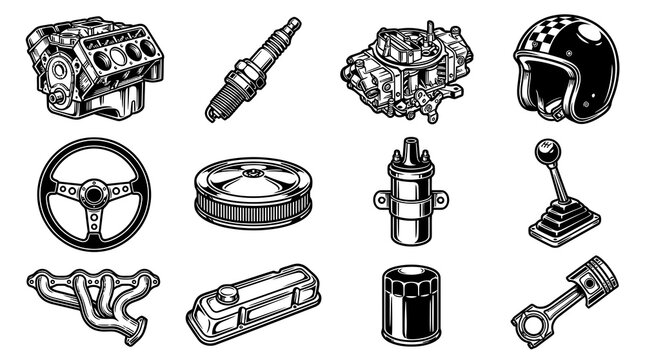 Automotive Parts Vector Icons: Engine, Steering Wheel, Carburetor, Helmet, Spark Plug, Filter, Coil, Gear Shift, Exhaust, Piston