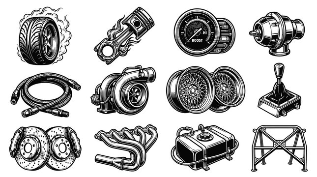 Black and White Line Art Vector of Automotive Performance Car Parts