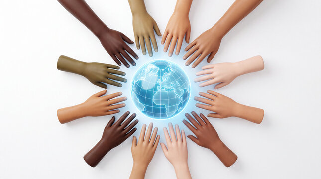 Diverse hands surrounding glowing globe symbolizing global unity and human connection concept