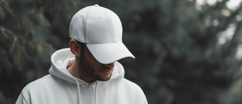 Young man in casual wear with white cap outdoors.