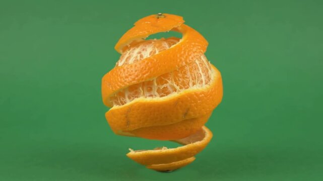 Orange peel spiraling away from the fruit in slow motion, levitating orange skin peeling off to reveal the juicy citrus pulp inside on a solid green background, stop motion concept