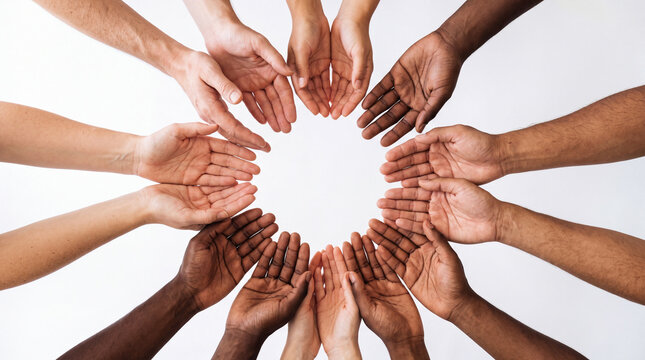 Diverse hands forming circle in unity concept against white background