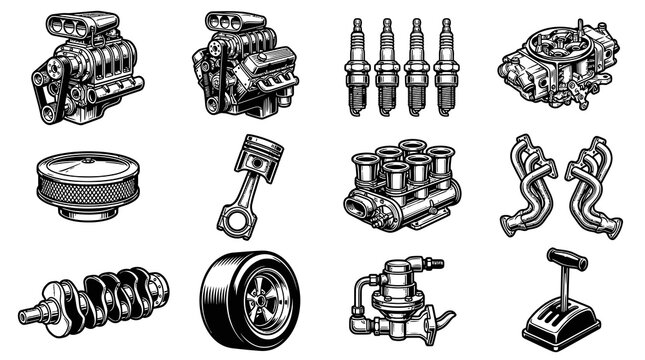 Automotive Hot Rod Performance Car Engine Parts and Accessories Black and White Line Art Set