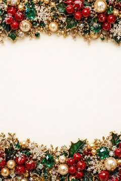Elegant Christmas frame background with red and green baubles, holly leaves, snowflakes and copy space