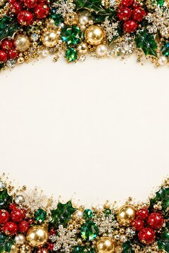 Elegant Christmas frame background with red and green baubles, holly leaves, snowflakes and copy space