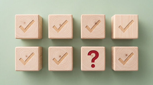 Decision making concept with wooden blocks featuring checkmarks and one red question mark on green background