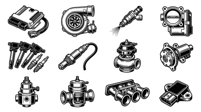 Automotive Performance Car  Engine Parts Black and White Line Art Set
