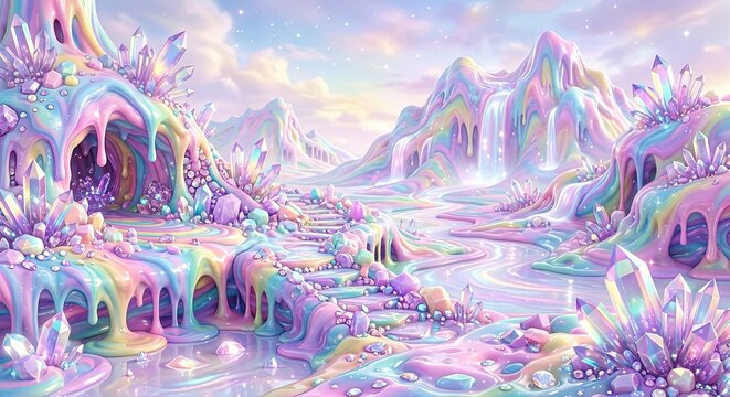 Dreamy pastel crystal fantasy landscape with dripping melting mountains, iridescent gems and magical castle