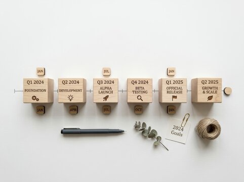 Wooden timeline blocks showing business project planning and goals