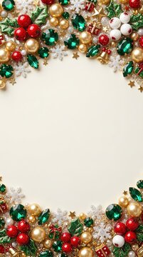 Elegant Christmas frame background with red and green baubles, holly leaves, snowflakes and copy space