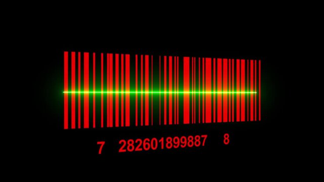 Bar code animation with laser beam. Laser beam barcode scanning motion graphics. Laser beam barcode scanner video footage.