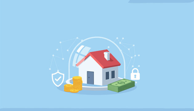 Secure home insurance concept illustration featuring a small house protected by a glass dome, gold coins, cash money, and a padlock.