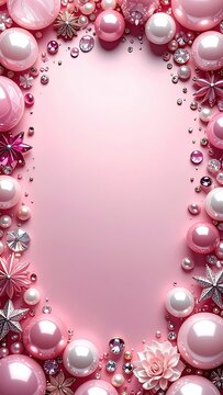 Luxury pastel pink aesthetic frame with 3D pearls, gold stars, roses and gems, romantic background with copy space