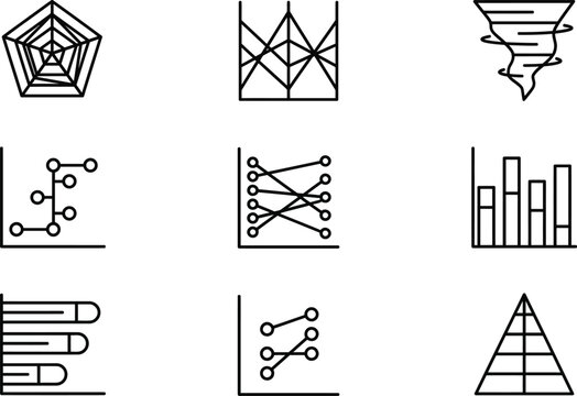 Advanced data visualization and financial analytics chart icons set featuring radar plot tornado chart parallel coordinates pyramid diagram and statistical graphs vector elements