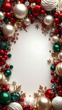 Elegant Christmas frame background with red and green baubles, holly leaves, snowflakes and copy space
