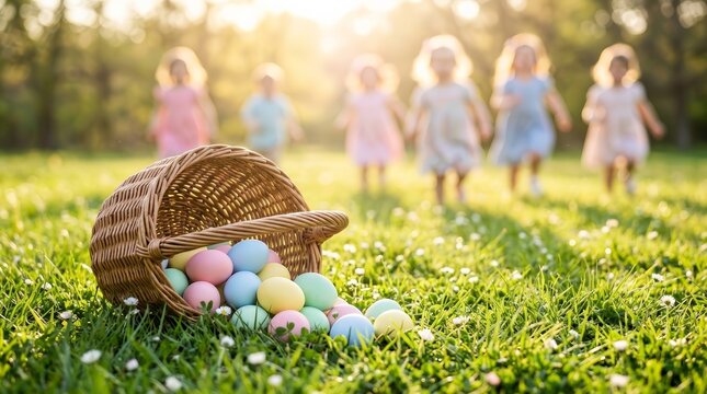 Colorful easter eggs spill from a wicker basket on green grass in a sunny spring meadow.