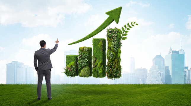 Carbon emission chart showing green growth beside businessperson and city. green renewable energy sustainability. future management responsibility, graph report statistic analysis monitoring