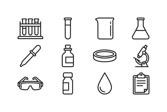 Laboratory Test Tubes, line icon set featuring test tube rack, glass test tube, beaker, flask, pipette, reagent bottle, petri dish, microscope, safety goggles, sample vial, chemical drop and research
