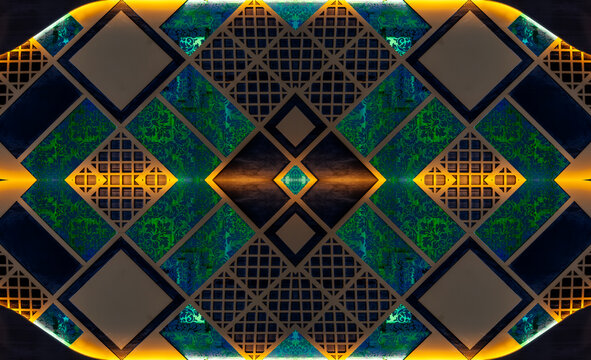 an abstract architectural wall detail featuring a geometric metal screen overlay with diamond-shaped panels and patterned turquoise-green glass or tiles