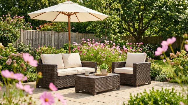 Relaxing leisure space featuring wicker patio furniture and cushions in a sunny summer garden.