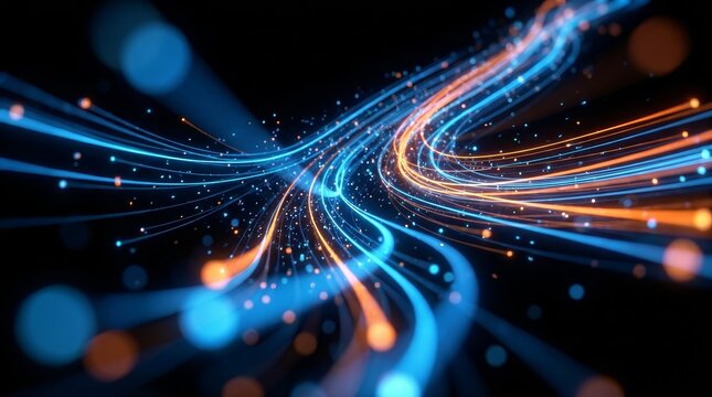 Vibrant energy and speed represented by glowing particles and fiber optic data transfer.
