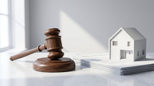 Real estate regulations and justice concept featuring a gavel, house model, and mortgage documents.