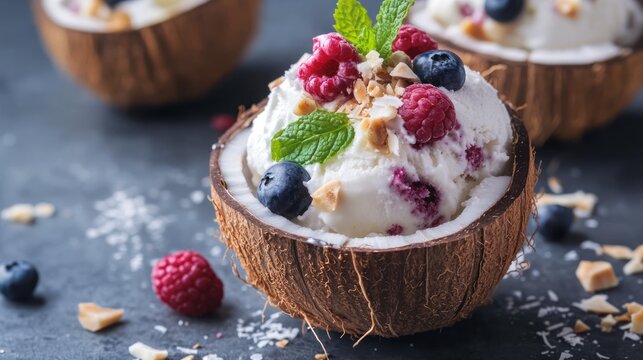 Vegan berry coconut ice cream served in a natural coconut husk bowl.
