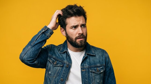 Puzzled young man with a beard questioning something against a bright yellow background.
