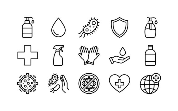 Hand Sanitizer Hygiene, line icon set featuring sanitizer pump bottle, gel droplet, bacteria symbol, shield, soap dispenser, medical cross, cleaning spray, protective gloves, covering hand sanitizer,