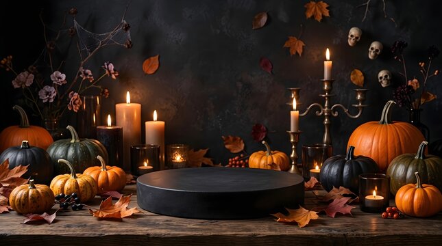 Dark moody autumn product podium display stand with lit candles, dark pumpkins, and fall foliage on rustic wooden background
