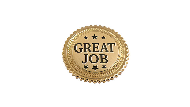 Golden metallic award badge cap with great job text isolated on transparent background.