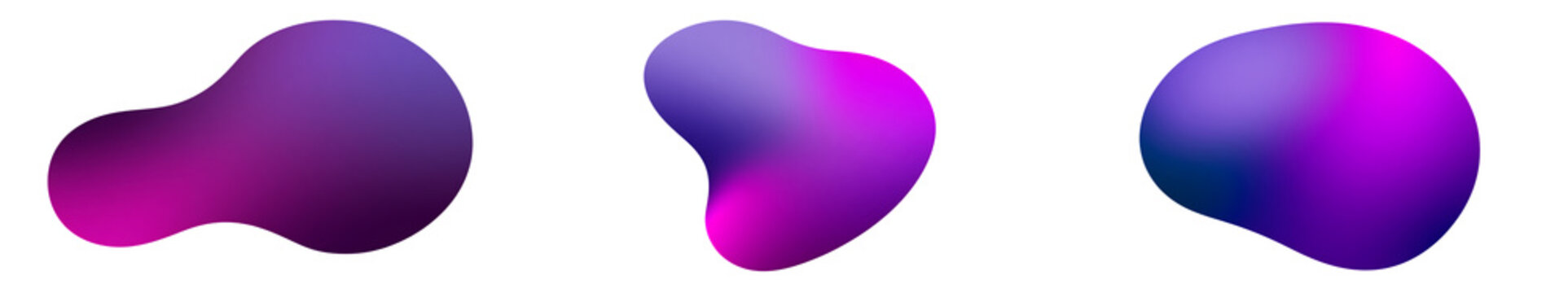 Abstract organic 3d shapes, smooth blobs, fluid morphing forms in purple and magenta gradients isolated on transparent background