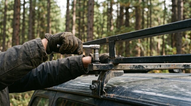 Mechanically gloved hands using a ratchet wrench to tighten a bolt on a roof rack of a travel vehicle