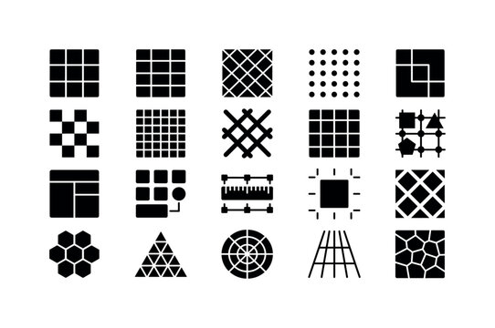 Grid Geometry Patterns, solid glyph icon set featuring square grid, rectangular grid, diagonal grid, dot grid, modular block, checker geometry, graph-paper tile, lattice symbol, covering grid pattern,